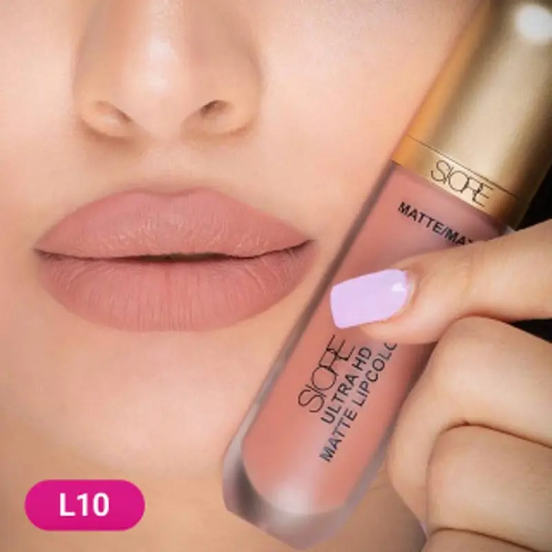 رژ لب مایع مات الترا اچ دی سیوره شماره L10 با بافت مخملی سبک 2 تست رنگ رژ لب مایع مات الترا اچ دی سیوره شماره L10 روی لب آرایش لب